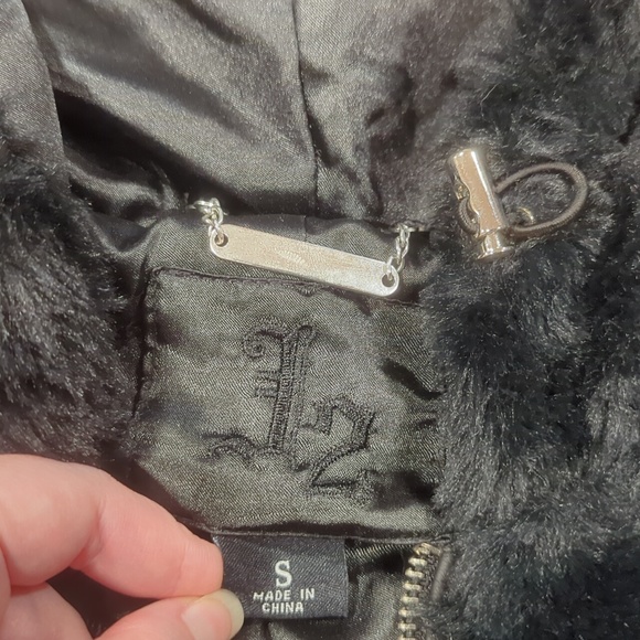 Jou Jou solid black plush faux fur oversized fit hooded coat - Picture 4 of 9